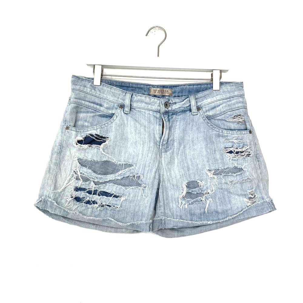 GUESS Los Angeles Jean Shorts Distressed Roll Up Hem 28 Light Wash Cotton Blend